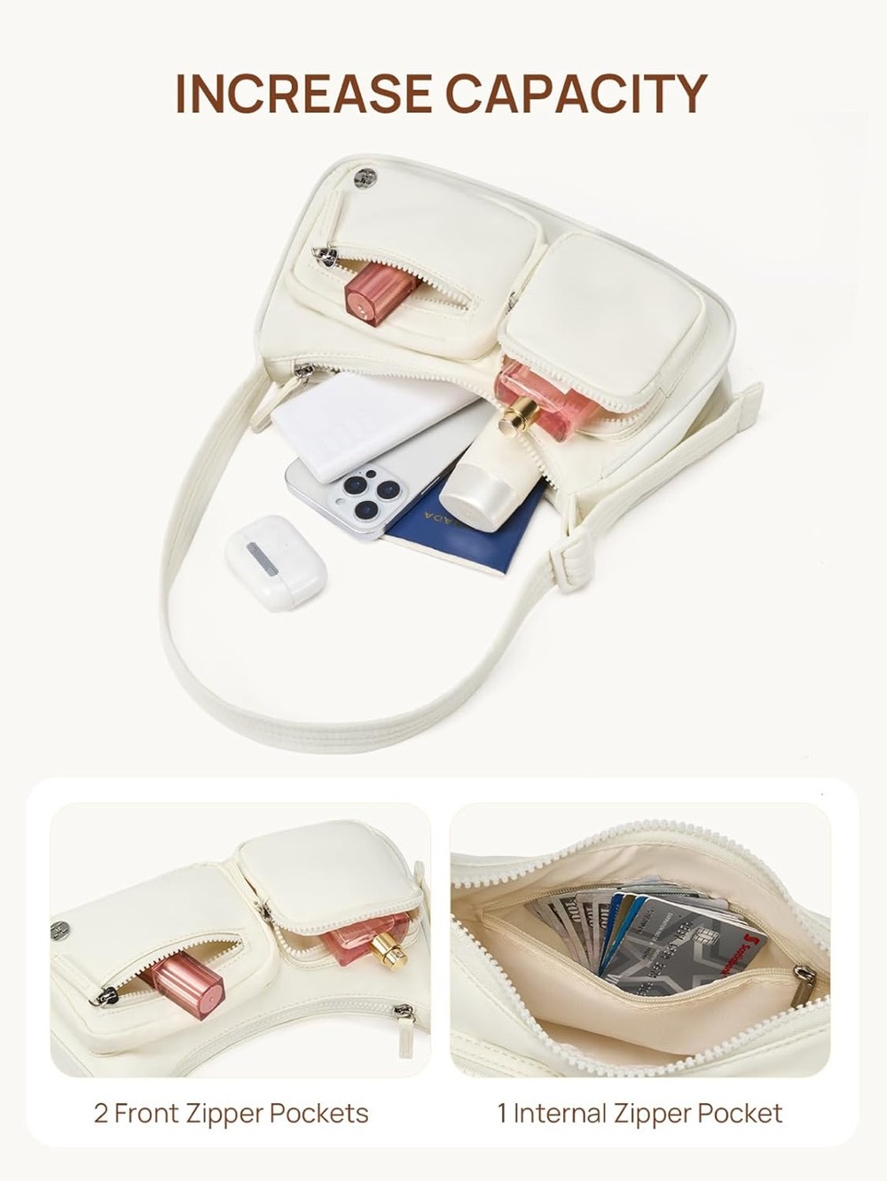 Compact Cream Shoulder Bag with Front Zip Pockets - Picture 2 of 3
